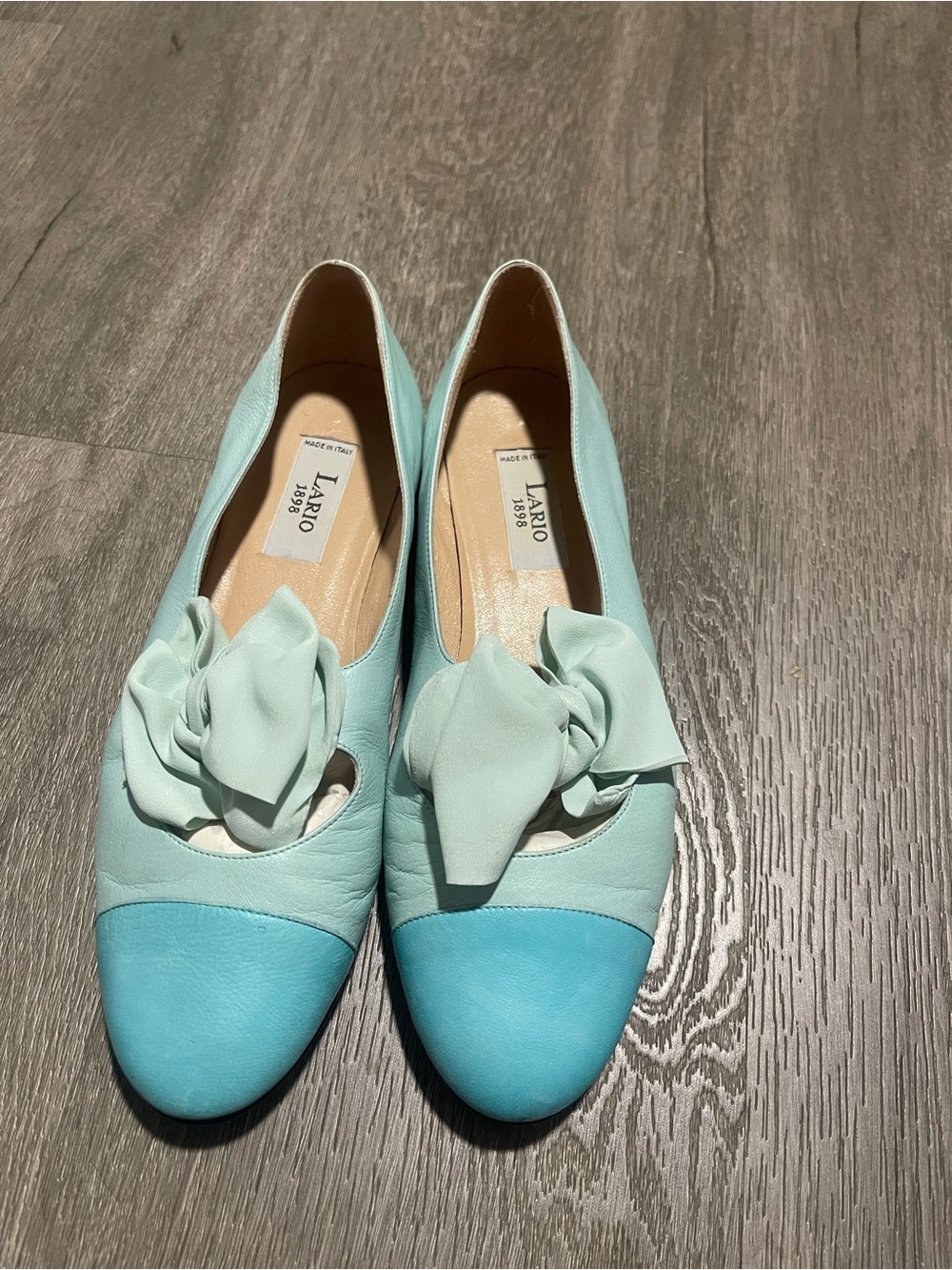 Lario 1898 Two-Tone Mint & Aqua Bow Leather Ballet Flats Made In Italy